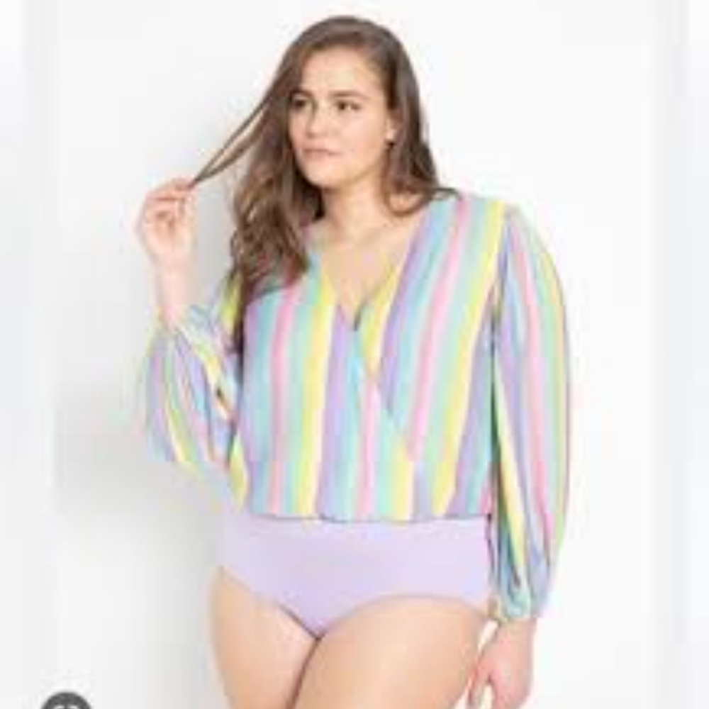 Eloquii striped pastel long sleeve bodysuit